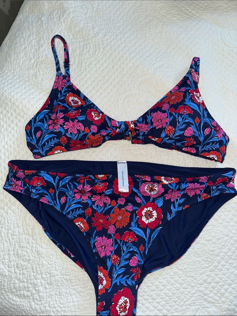 Vineyard Vines Navy Floral Bikini with Red & Pink Blooms